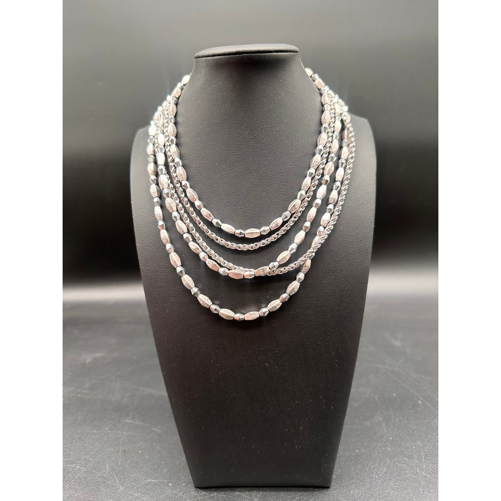 Vintage Trifari Silver Tone Multi Strand Beaded  Chain Statement Necklace 16"